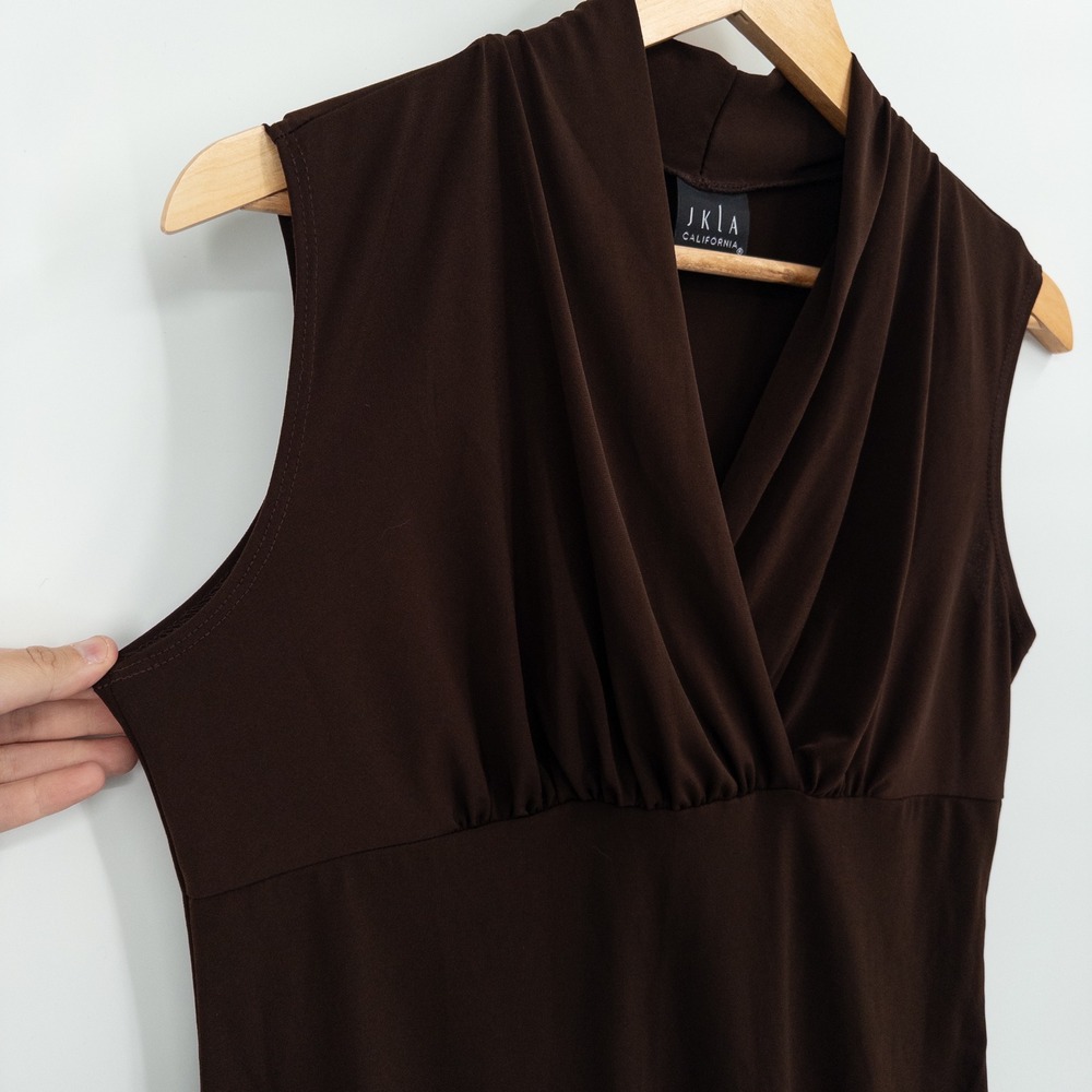 Vintage Y2K Brown Sleeveless Draped Surplice‎ Top Womens L Stretchy Babydoll - Picture 5 of 6